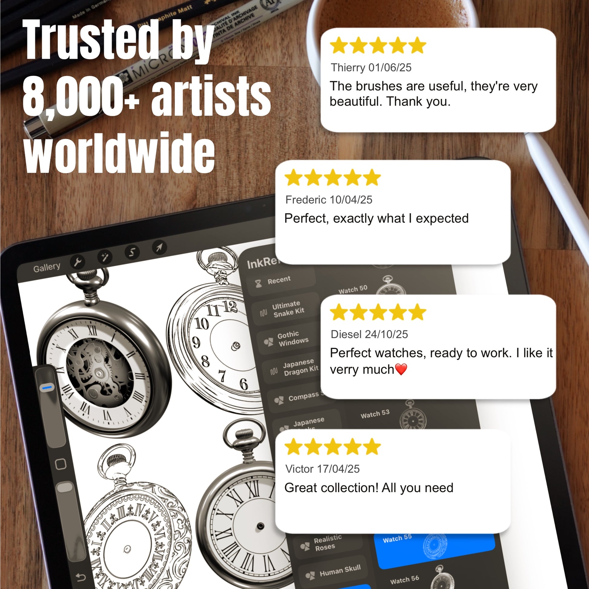 Pocket Watches Procreate brush set trusted by tattoo artists, shown with vintage clock designs and customer reviews