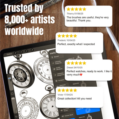 Pocket Watches Procreate brush set trusted by tattoo artists, shown with vintage clock designs and customer reviews