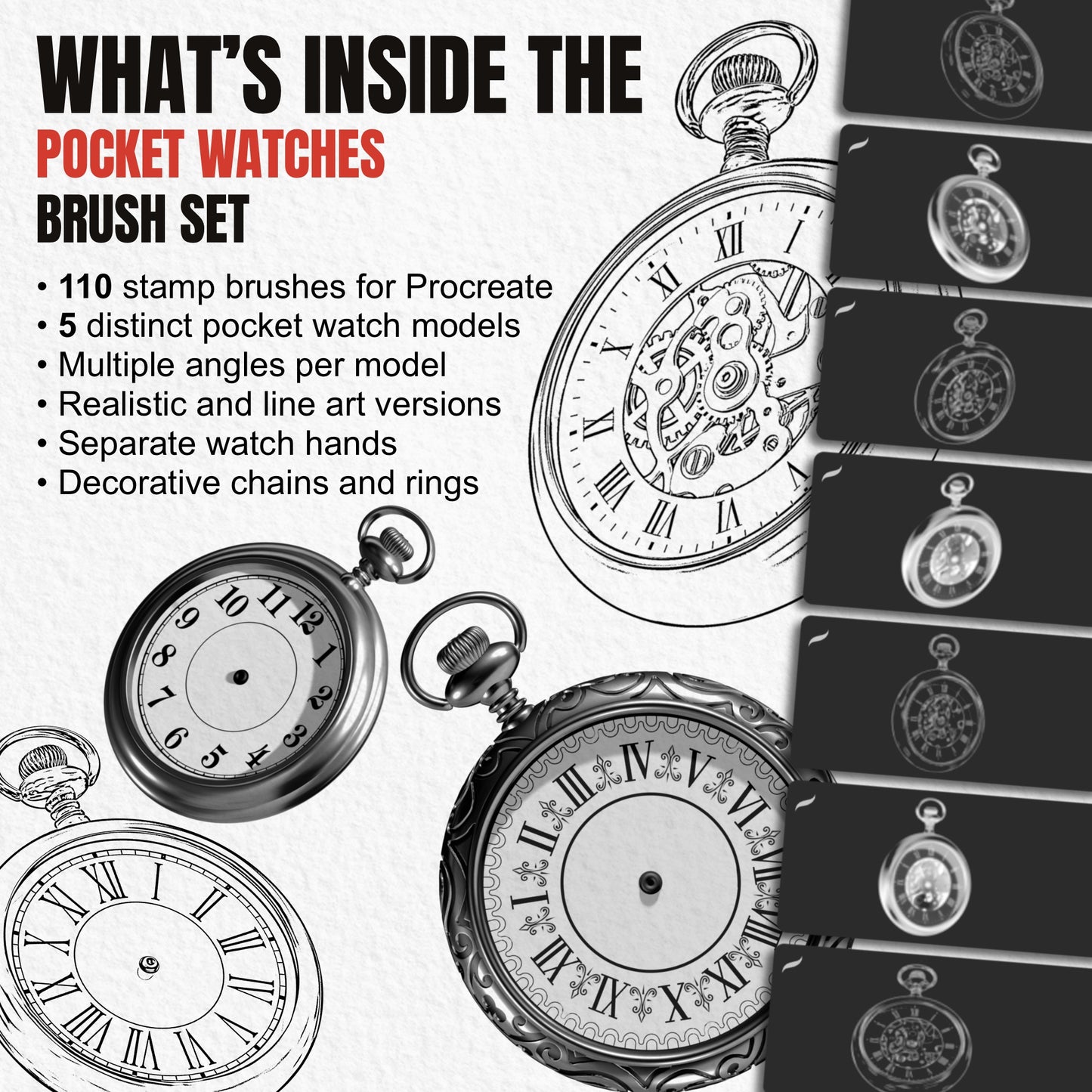 Overview of 110 Pocket Watches Procreate stamp brushes with five vintage watch models, angles, chains and hands