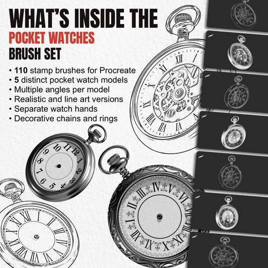 Overview of 110 Pocket Watches Procreate stamp brushes with five vintage watch models, angles, chains and hands