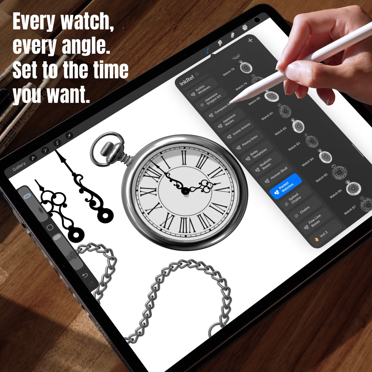 Customizable pocket watch Procreate brushes with separate clock hands, chains and multiple angles for tattoo stencils
