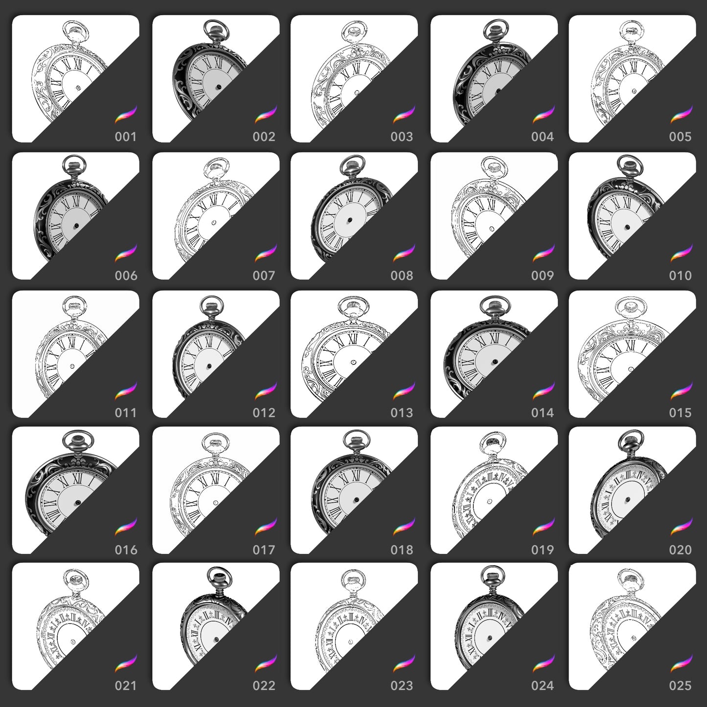 Pocket Watches Procreate stamp brushes with 25 vintage clock designs in realistic and line art versions