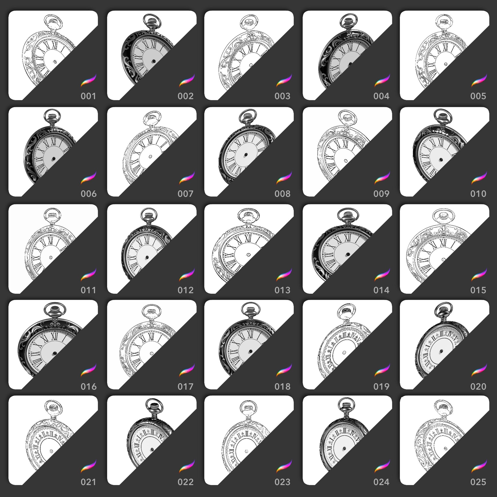 Pocket Watches Procreate stamp brushes with 25 vintage clock designs in realistic and line art versions