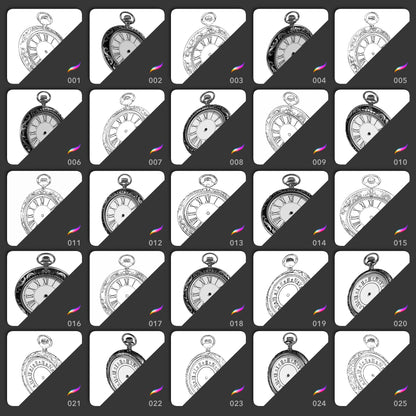 Pocket Watches Procreate stamp brushes with 25 vintage clock designs in realistic and line art versions