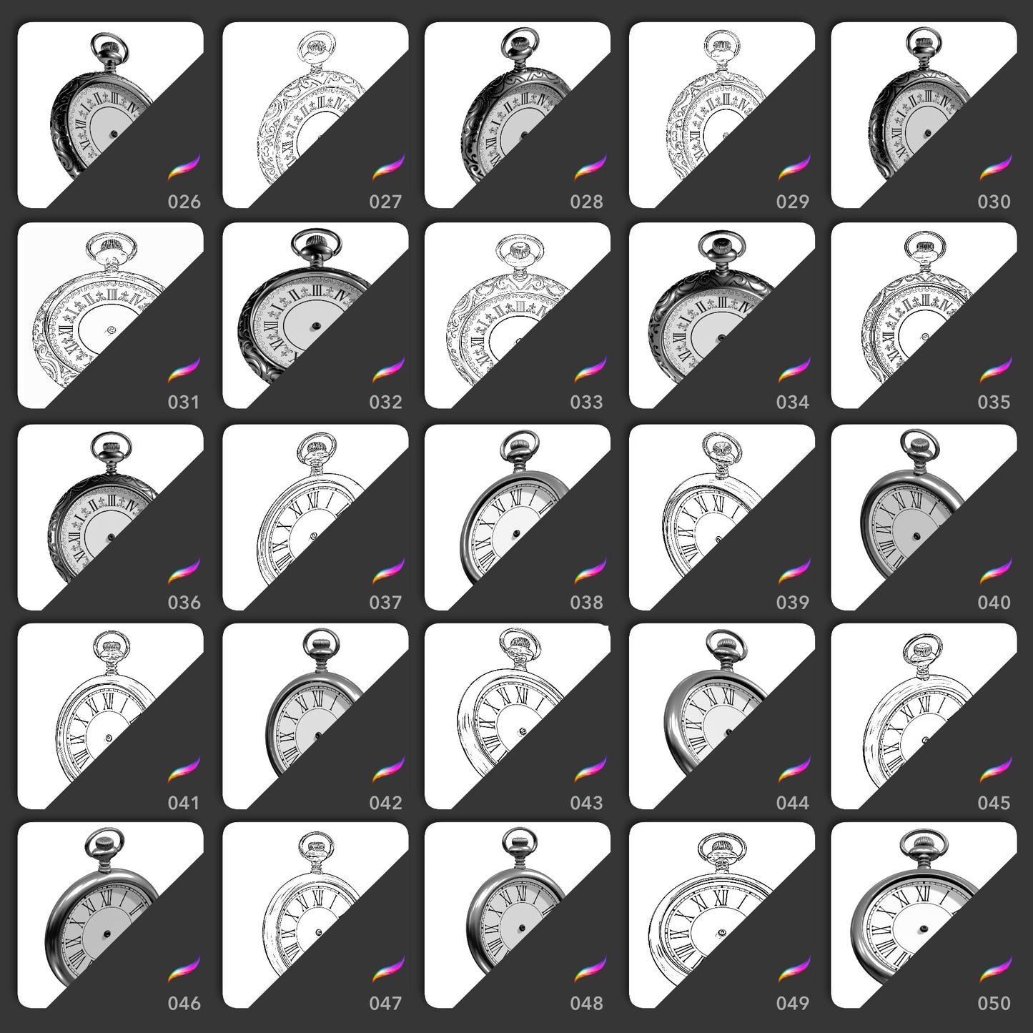 Procreate pocket watch brushes featuring ornate vintage clock faces in realistic and line art tattoo styles