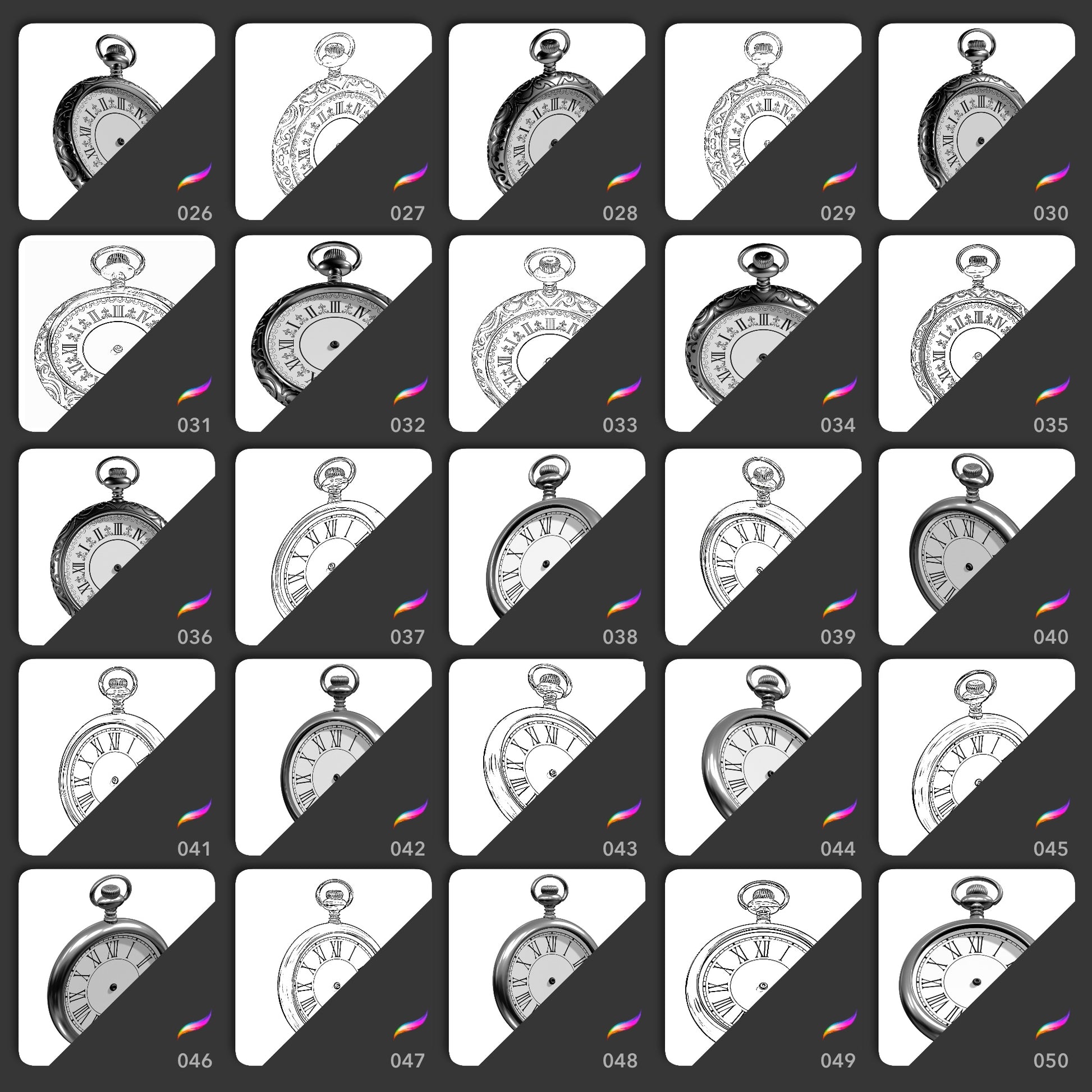 Procreate pocket watch brushes featuring ornate vintage clock faces in realistic and line art tattoo styles