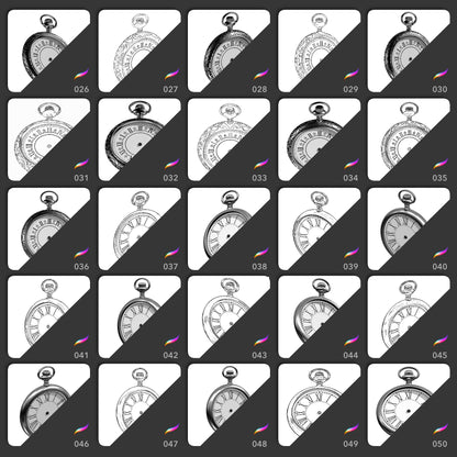Procreate pocket watch brushes featuring ornate vintage clock faces in realistic and line art tattoo styles