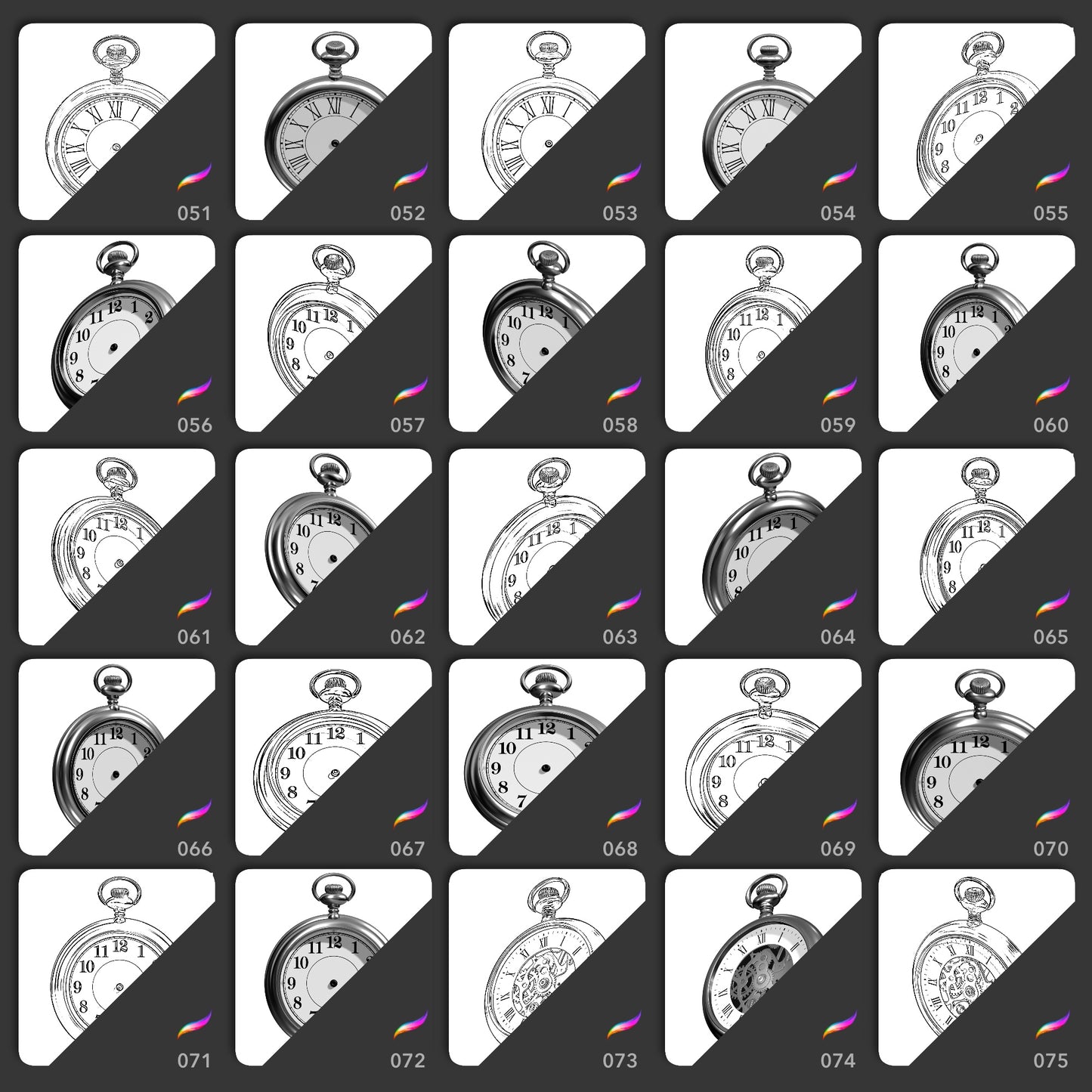 Procreate stamp brush collection of vintage pocket watches in realistic and line art styles at multiple angles