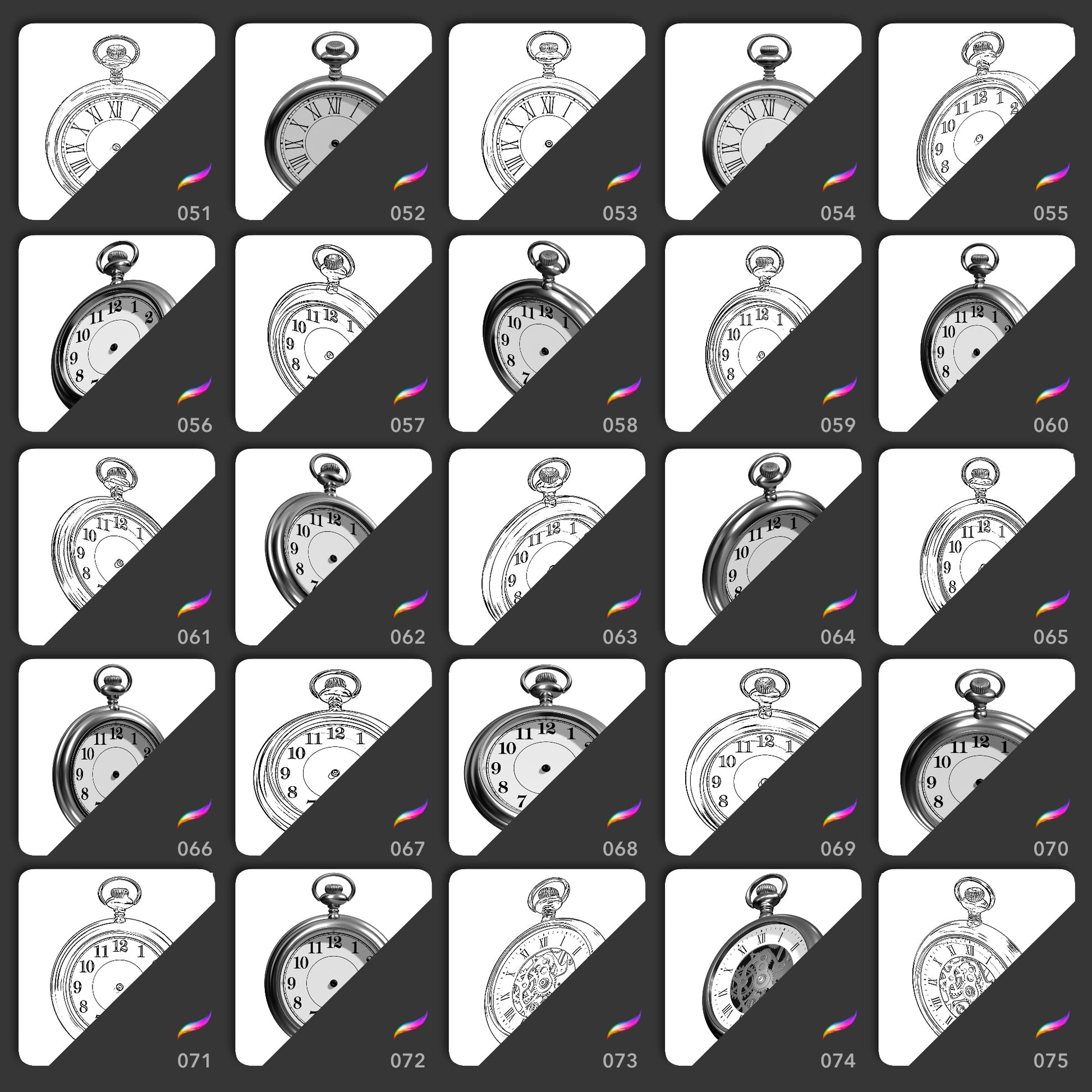 Procreate stamp brush collection of vintage pocket watches in realistic and line art styles at multiple angles