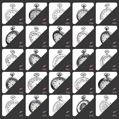 Procreate stamp brush collection of vintage pocket watches in realistic and line art styles at multiple angles