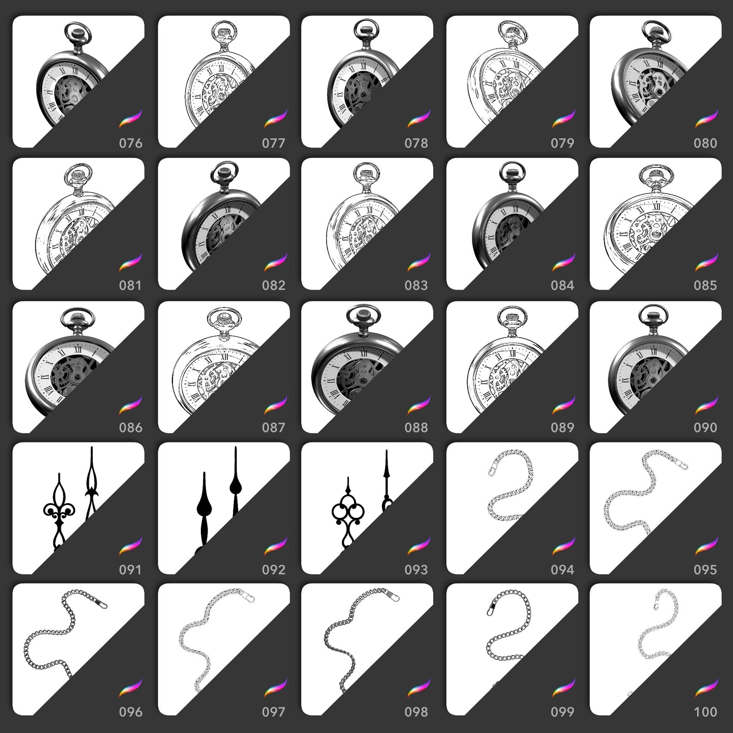 Procreate brush thumbnails showing realistic and line art pocket watches, clock hands and chains for tattoo designs