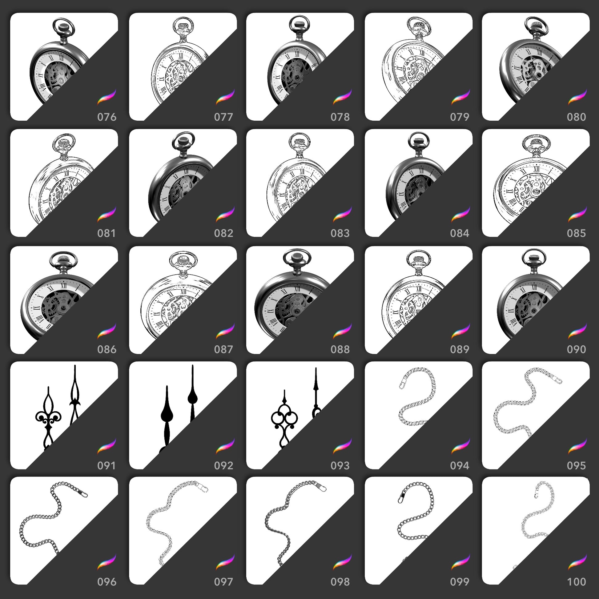 Procreate brush thumbnails showing realistic and line art pocket watches, clock hands and chains for tattoo designs