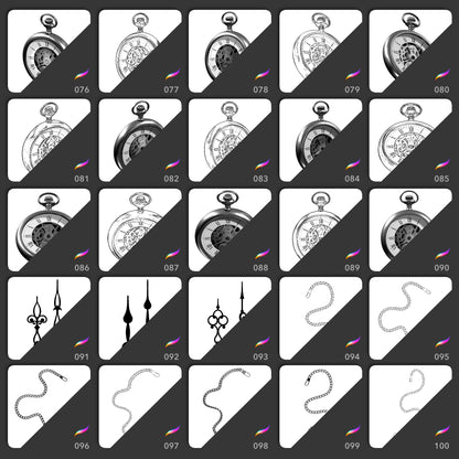 Procreate brush thumbnails showing realistic and line art pocket watches, clock hands and chains for tattoo designs