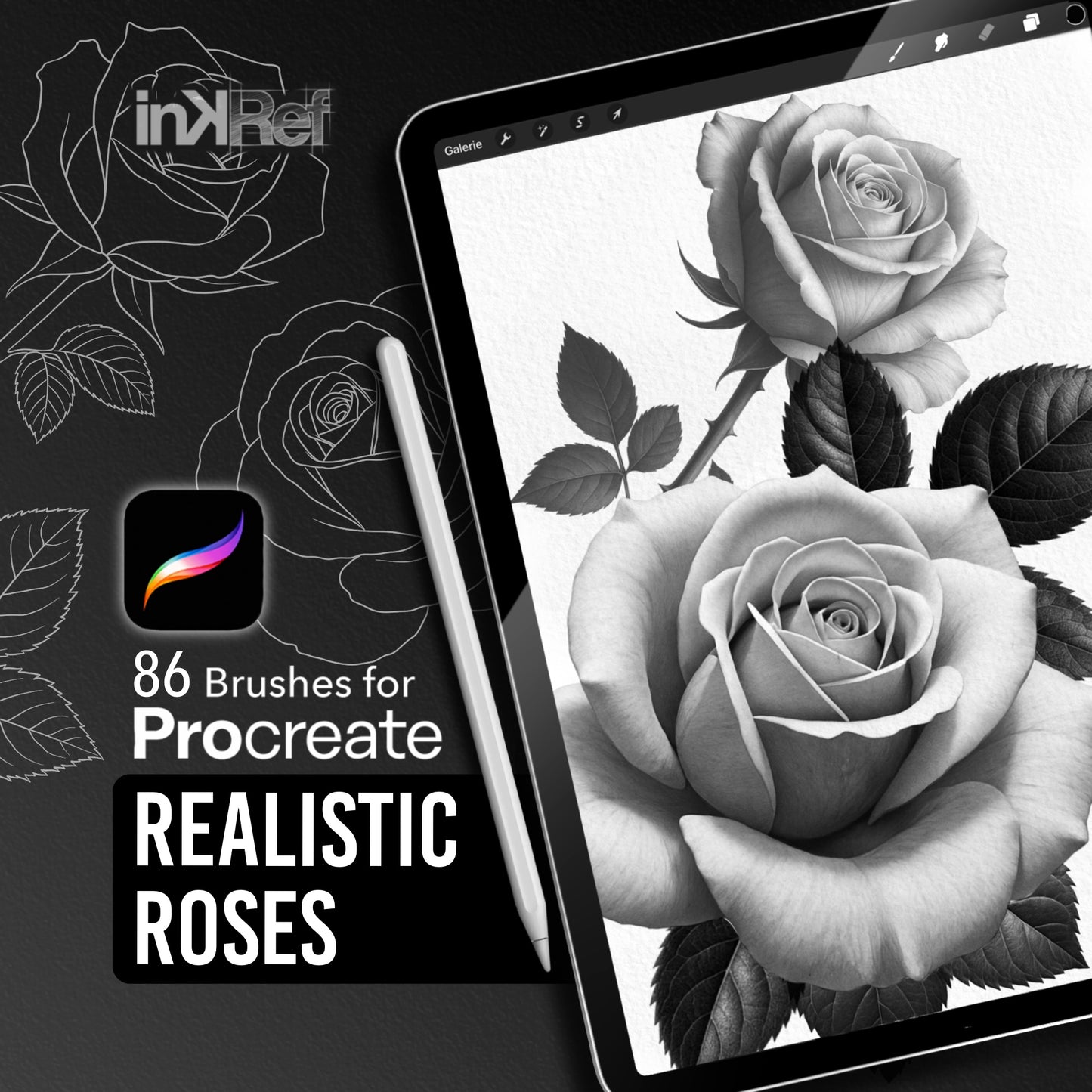 Realistic Roses Procreate stamp brush set with 86 shaded and line art floral brushes