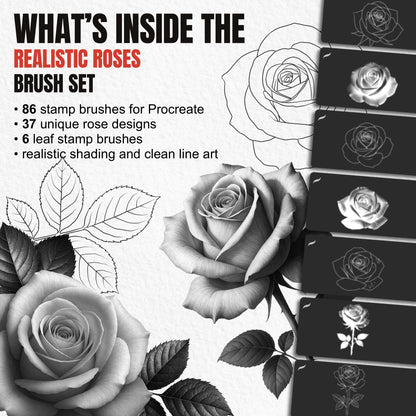 Overview of 86 Realistic Roses Procreate brushes with 37 rose designs and 6 leaf stamps