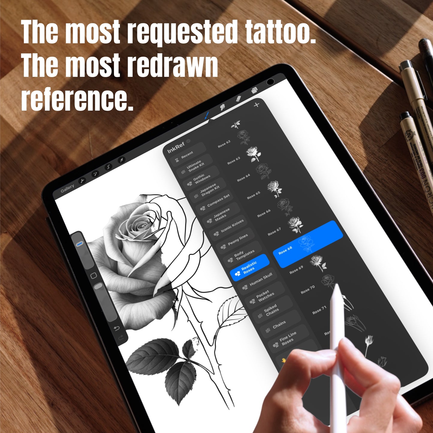 Realistic rose tattoo references in Procreate with shaded and line art brush options