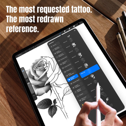 Realistic rose tattoo references in Procreate with shaded and line art brush options