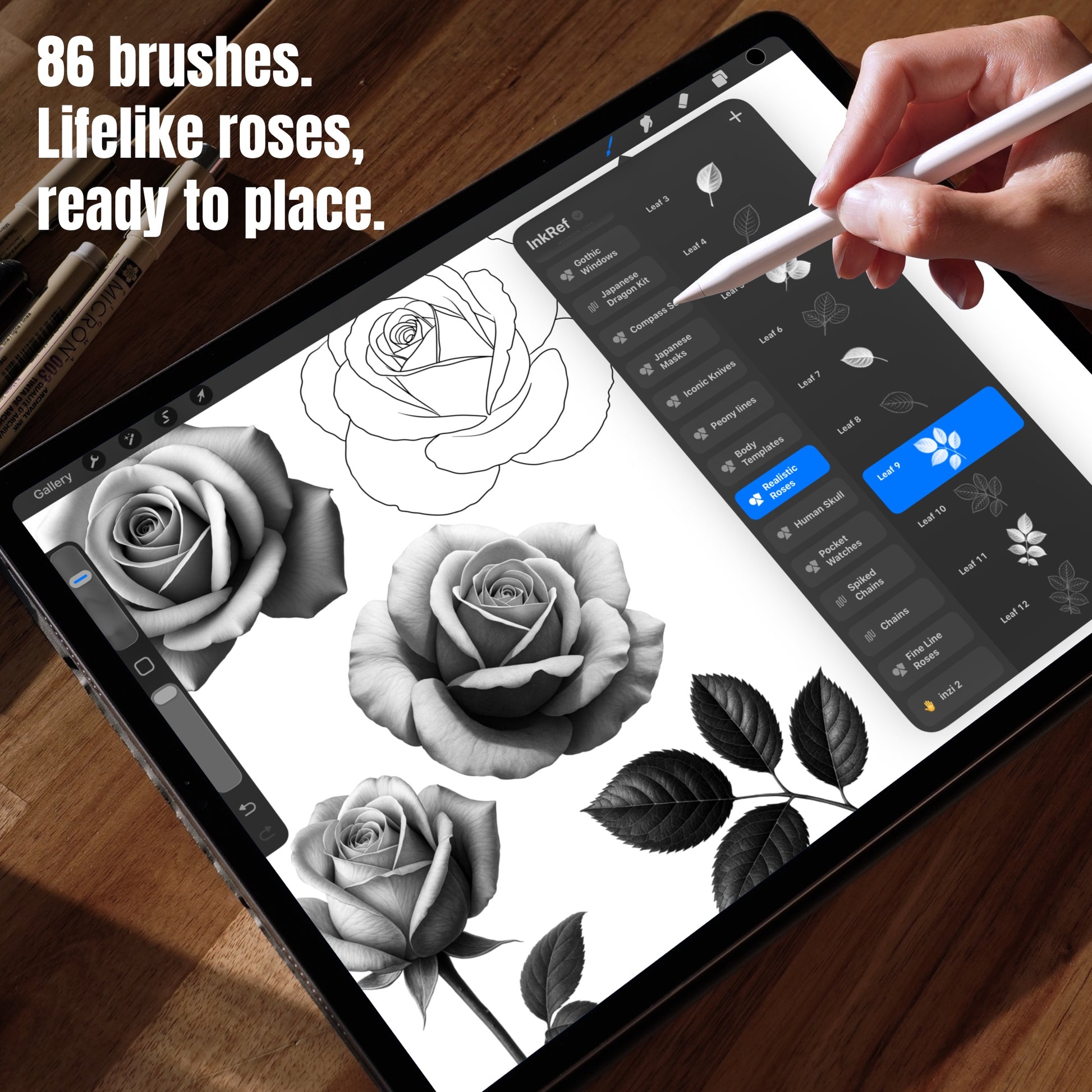 Realistic rose and leaf Procreate stamp brushes ready for tattoo placement