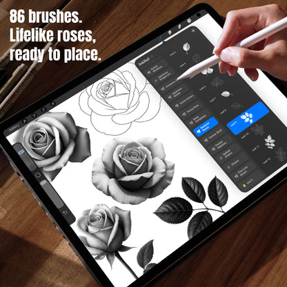 Realistic rose and leaf Procreate stamp brushes ready for tattoo placement