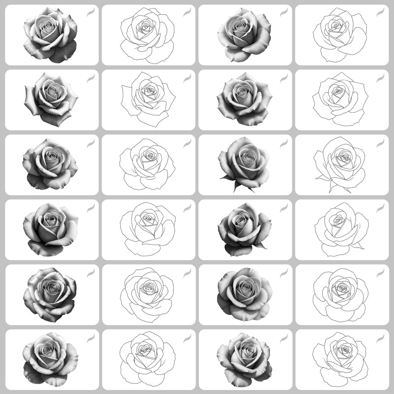 Procreate brush grid showcasing 35 realistic rose designs with matching line art versions, perfect for tattoo artists and illustrators.