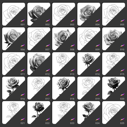 25 realistic and line art rose Procreate brushes with buds and stem designs