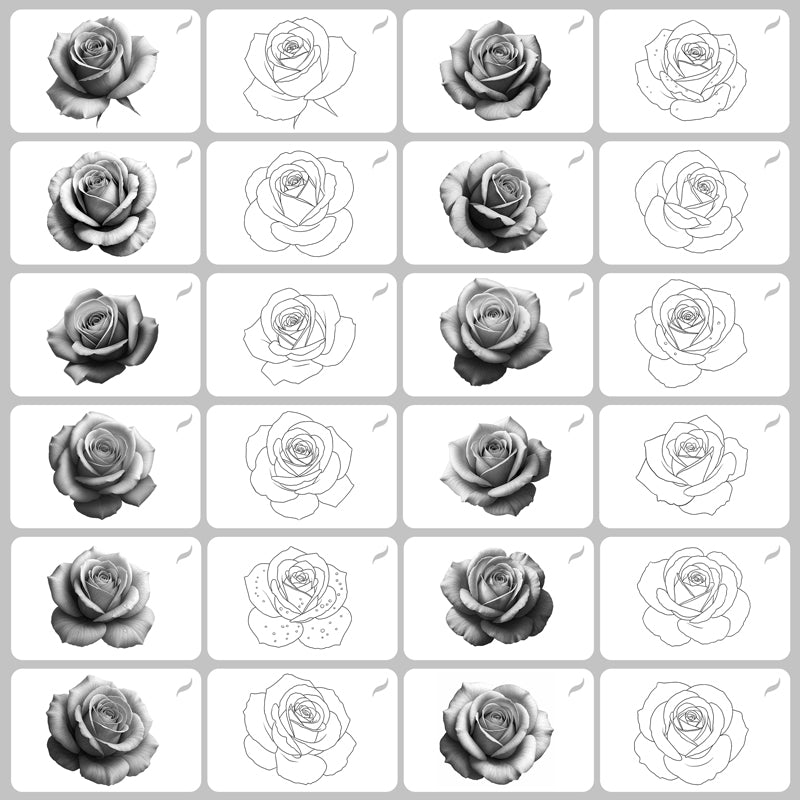 Collection of Procreate brushes including full roses, rosebuds, and detailed leaves with both realistic and line art styles for creative compositions.