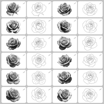 Collection of Procreate brushes including full roses, rosebuds, and detailed leaves with both realistic and line art styles for creative compositions.