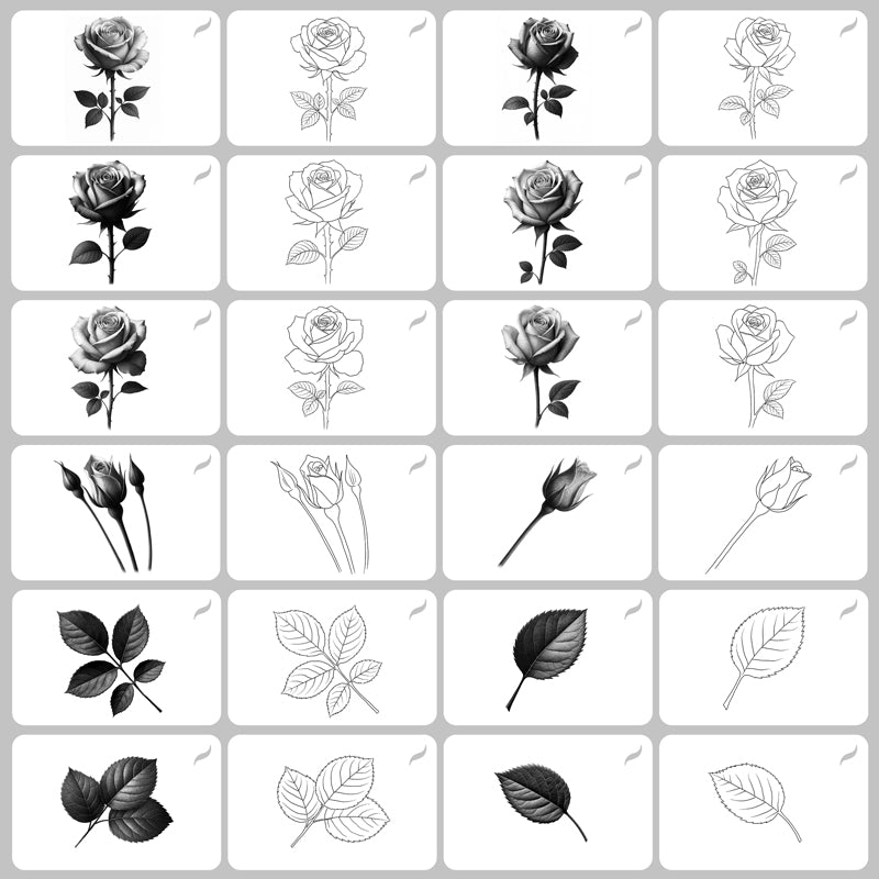 Additional brush grid showing a variety of realistic roses and their line art outlines, designed for tattoo flash, sketching, and digital illustration on Procreate.