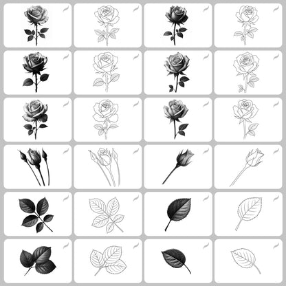 Additional brush grid showing a variety of realistic roses and their line art outlines, designed for tattoo flash, sketching, and digital illustration on Procreate.