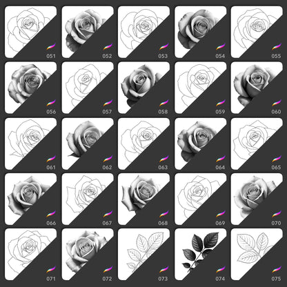 Realistic rose and leaf Procreate stamp brushes for floral tattoo stencils
