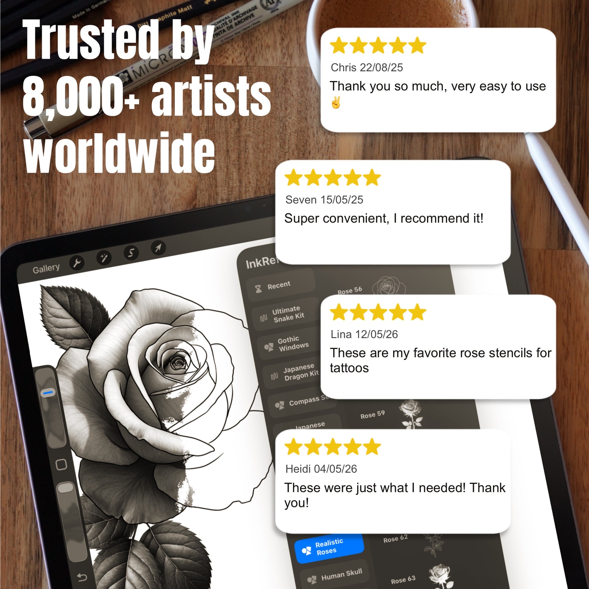 Customer reviews beside realistic rose tattoo stencils made with Procreate brushes