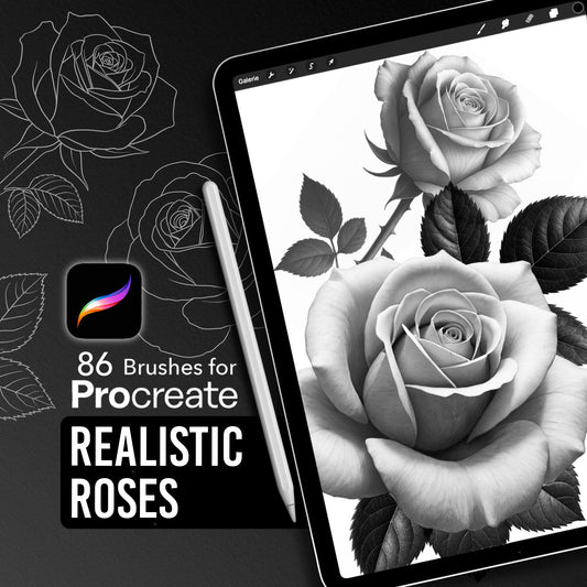 Realistic Roses Procreate brush pack featuring 86 rose and leaf stamp brushes for tattoo artists and illustrators.