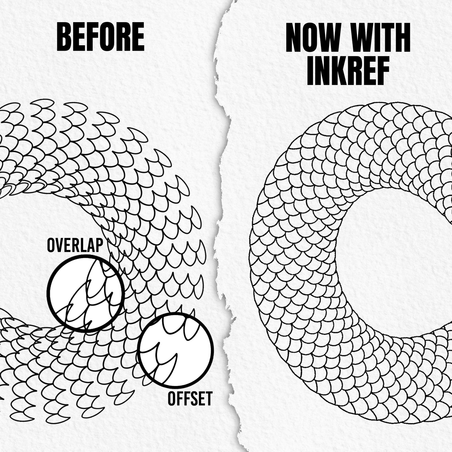 Comparison of overlapping hand drawn scales and clean Procreate snake scale brush pattern
