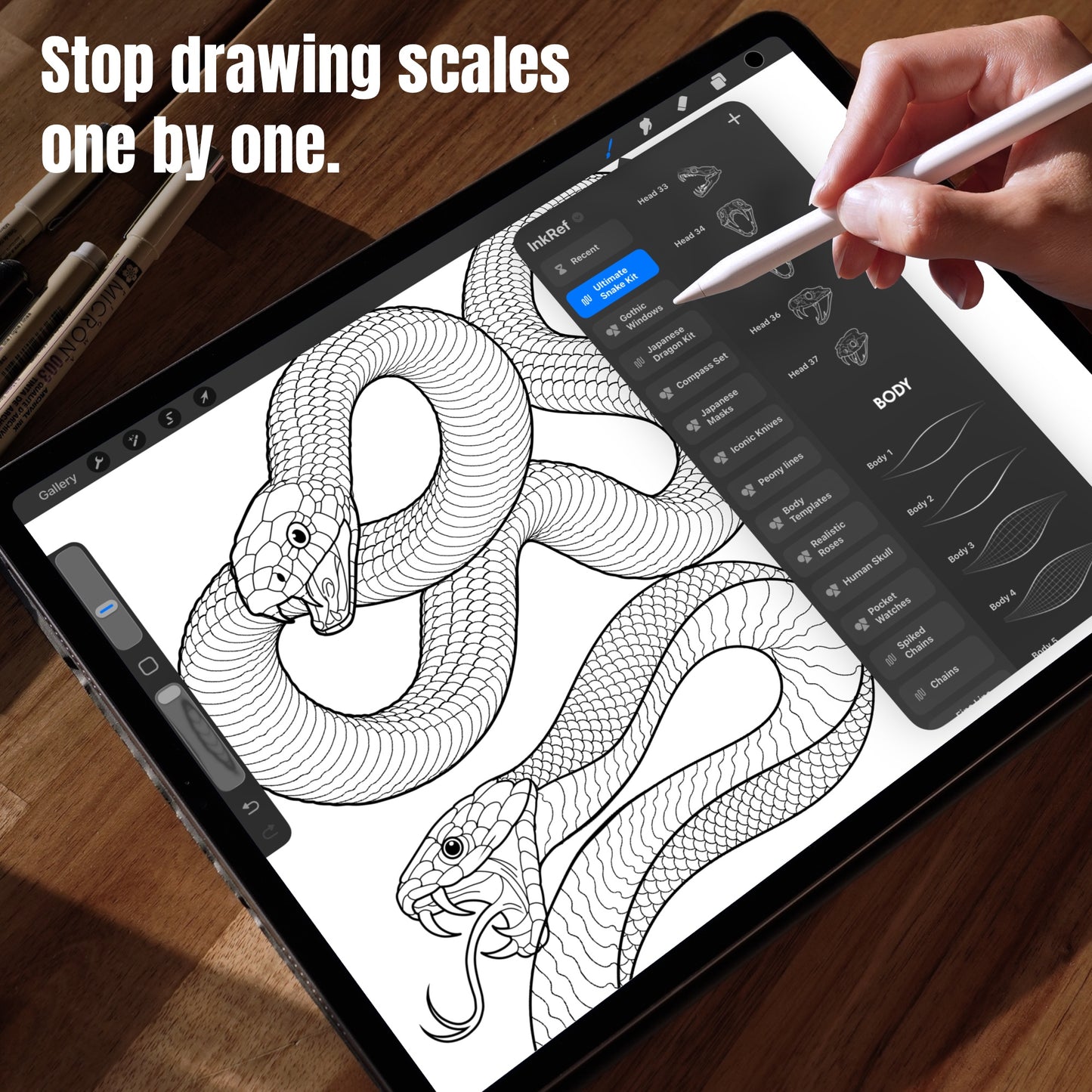 Snake tattoo designs in Procreate created without drawing scales individually