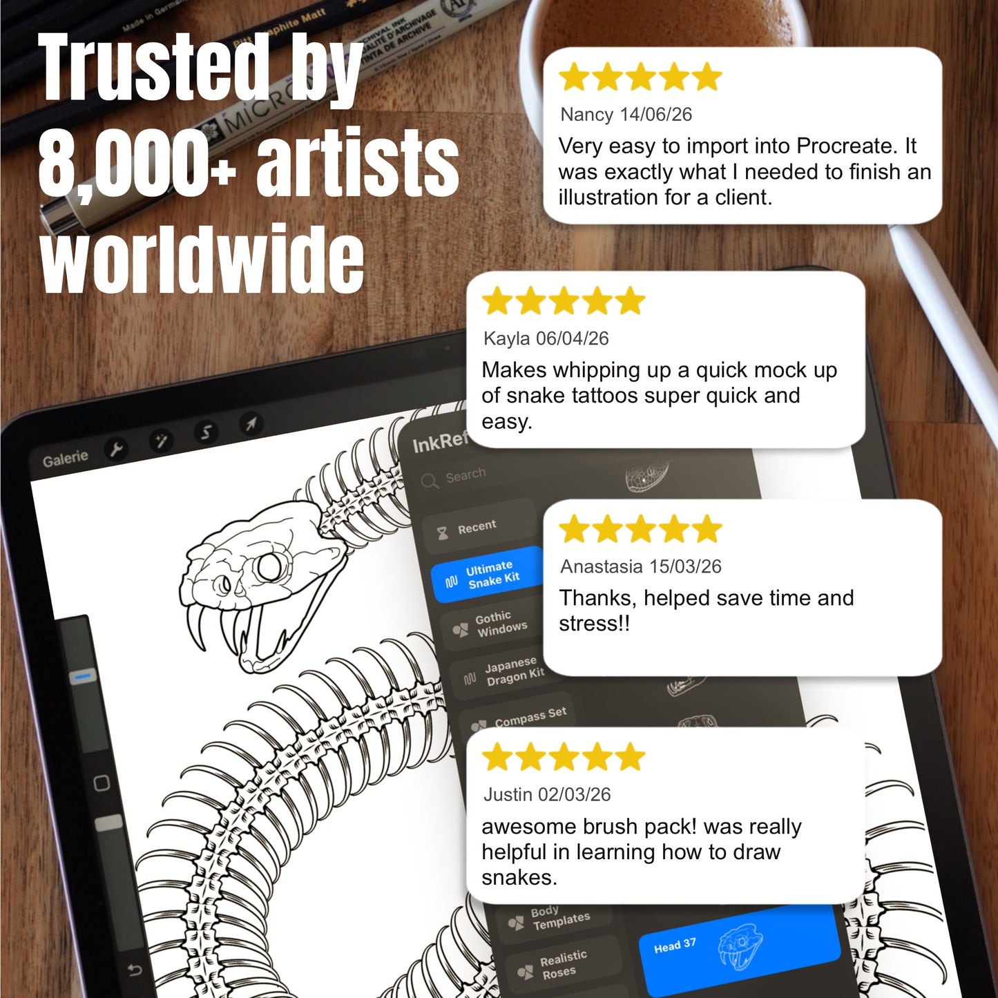 Customer reviews beside snake tattoo designs made with Ultimate Snake Kit Procreate brushes