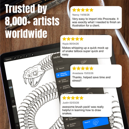 Customer reviews beside snake tattoo designs made with Ultimate Snake Kit Procreate brushes