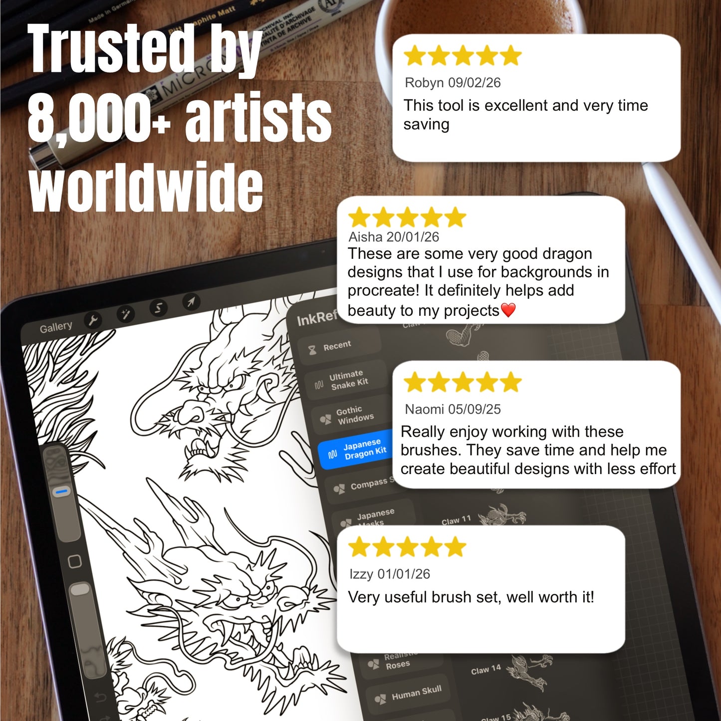 Customer reviews beside Japanese dragon head tattoo designs made in Procreate