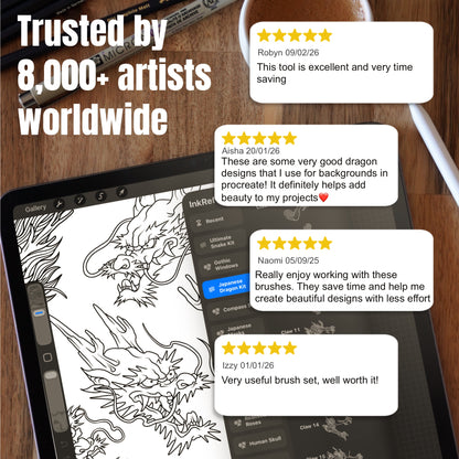 Customer reviews beside Japanese dragon head tattoo designs made in Procreate