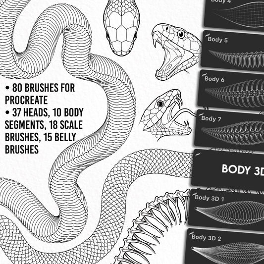 Complete snake drawing made with the Ultimate Snake Kit – showing detailed skeleton structure, scales, belly, and dynamic head design.