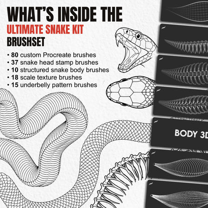 Overview of 80 Ultimate Snake Kit Procreate brushes with heads bodies scales and underbellies