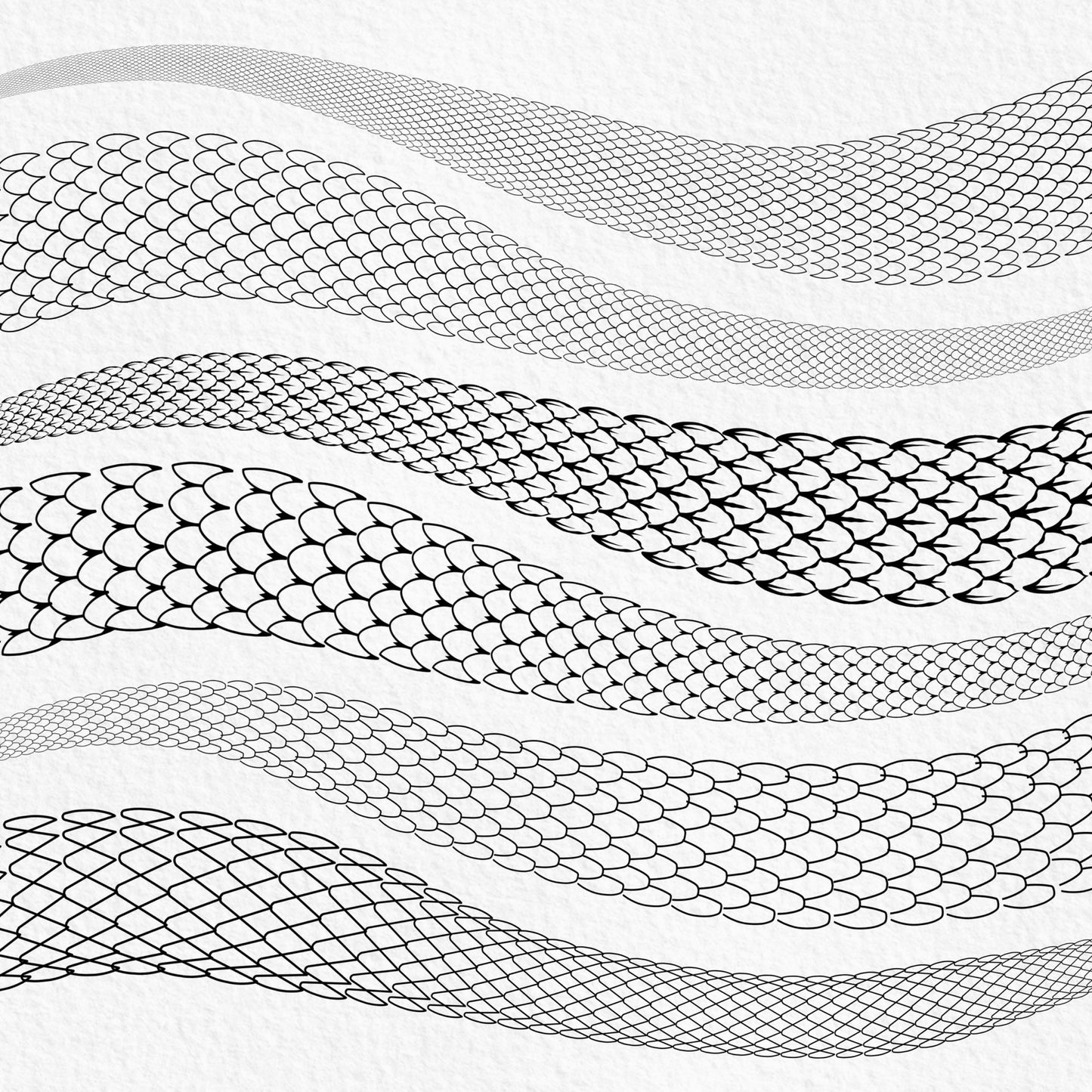 Seamless snake scale Procreate brushes in multiple reptile patterns