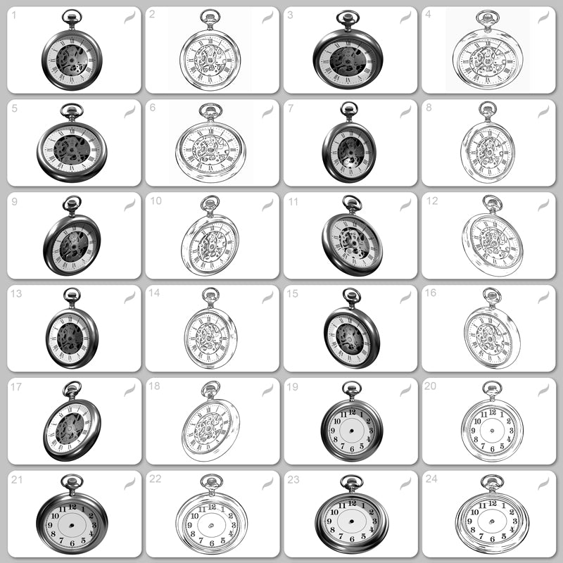 Detailed reference images of vintage pocket watches for Procreate. This brush pack preview shows 24 angles in both realistic shading and clean line art, ideal for tattoo designs, sketching, and digital illustration. Each view includes accurate lighting and structure, perfect for realism, stencil creation, or concept art based on antique timepieces.