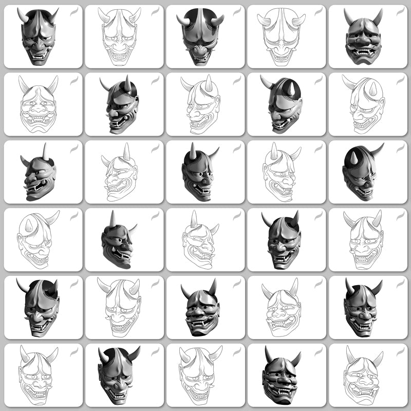 Hannya Mask Procreate Stamp Brush Set – 3D and Outline Tattoo Reference Views
