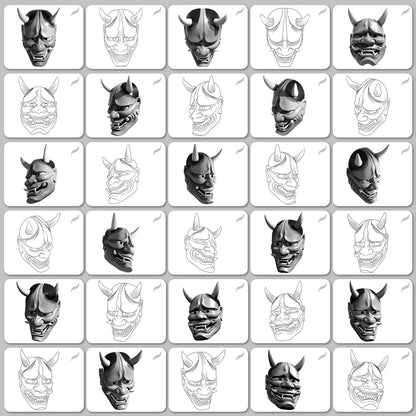 Hannya Mask Procreate Stamp Brush Set – 3D and Outline Tattoo Reference Views