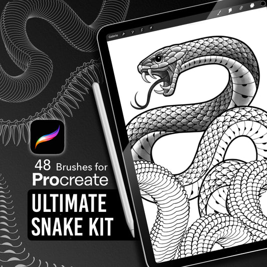 Cover image for the Ultimate Snake Kit – 48 Procreate brushes including snake heads, bodies, scales, and belly textures for tattoo artists.