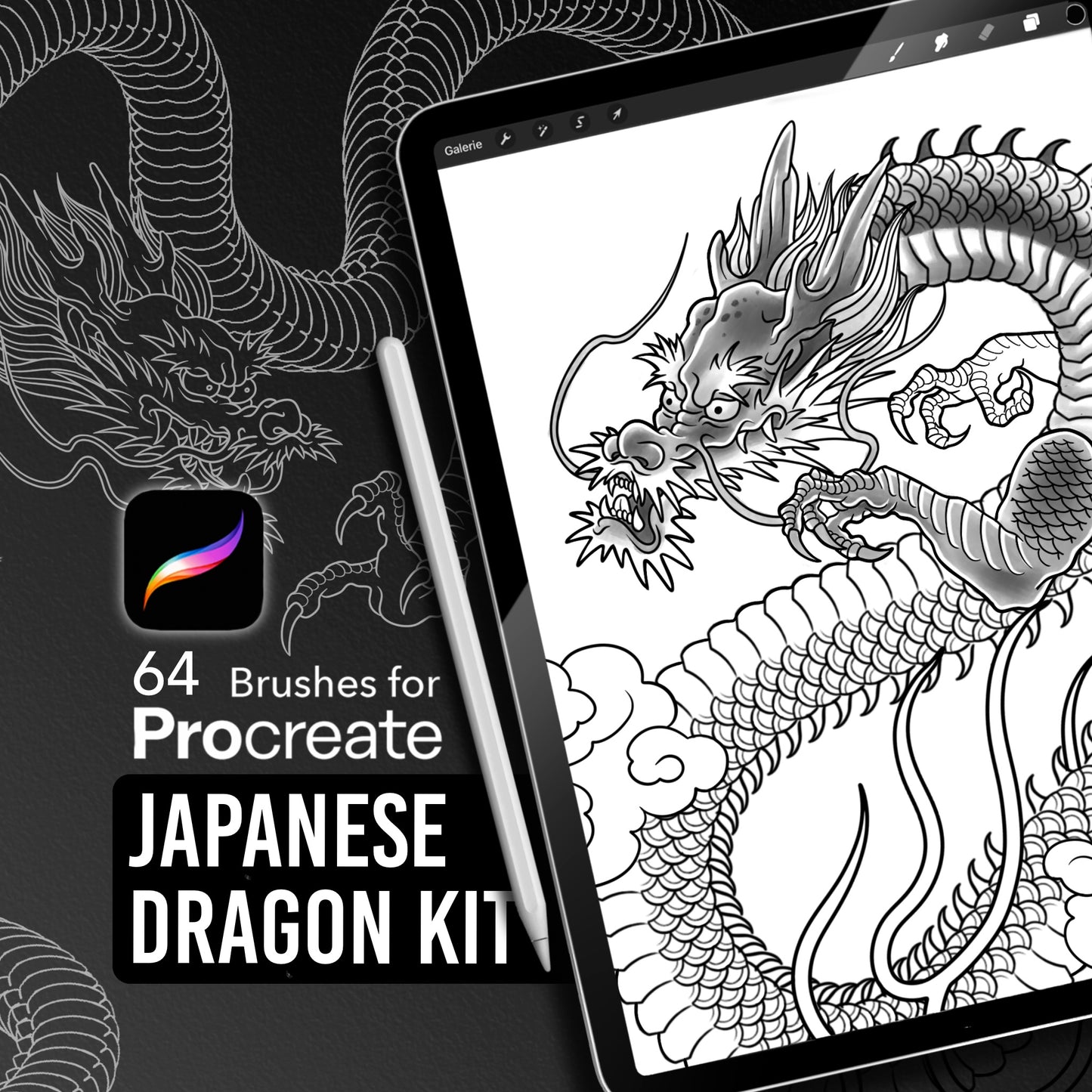 Japanese Dragon Kit for Procreate — 56 stamp brushes featuring dragon heads, claws, flames, clouds, and dynamic body shapes for traditional tattoo and illustration work.