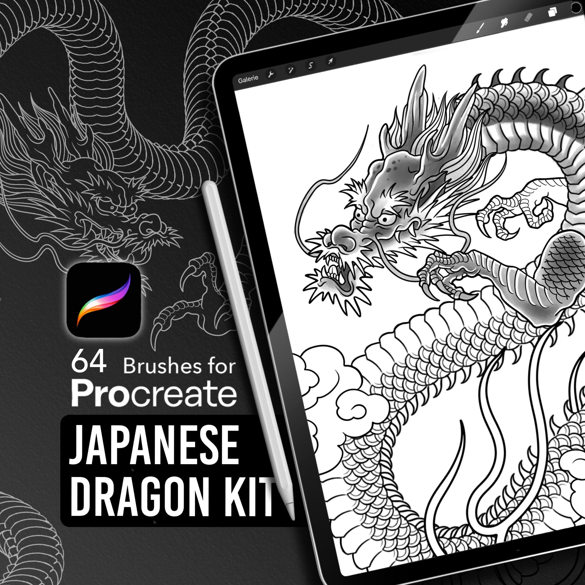 Japanese Dragon Kit for Procreate — 56 stamp brushes featuring dragon heads, claws, flames, clouds, and dynamic body shapes for traditional tattoo and illustration work.
