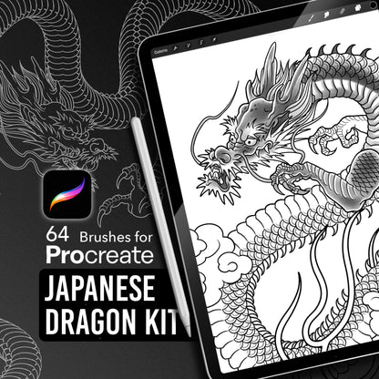 Japanese Dragon Kit for Procreate — 56 stamp brushes featuring dragon heads, claws, flames, clouds, and dynamic body shapes for traditional tattoo and illustration work.