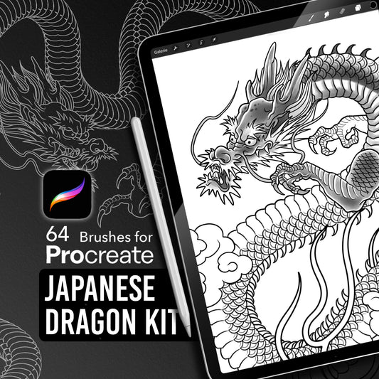 Japanese Dragon Kit for Procreate — 56 stamp brushes featuring dragon heads, claws, flames, clouds, and dynamic body shapes for traditional tattoo and illustration work.