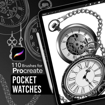 High-quality Procreate stamp brushes of vintage watches – ideal for tattoo artists and illustrators. This presentation image showcases detailed timepieces drawn from multiple angles with realistic lighting and clean line art versions. Perfect reference pack for composition, realism, and vintage design work.